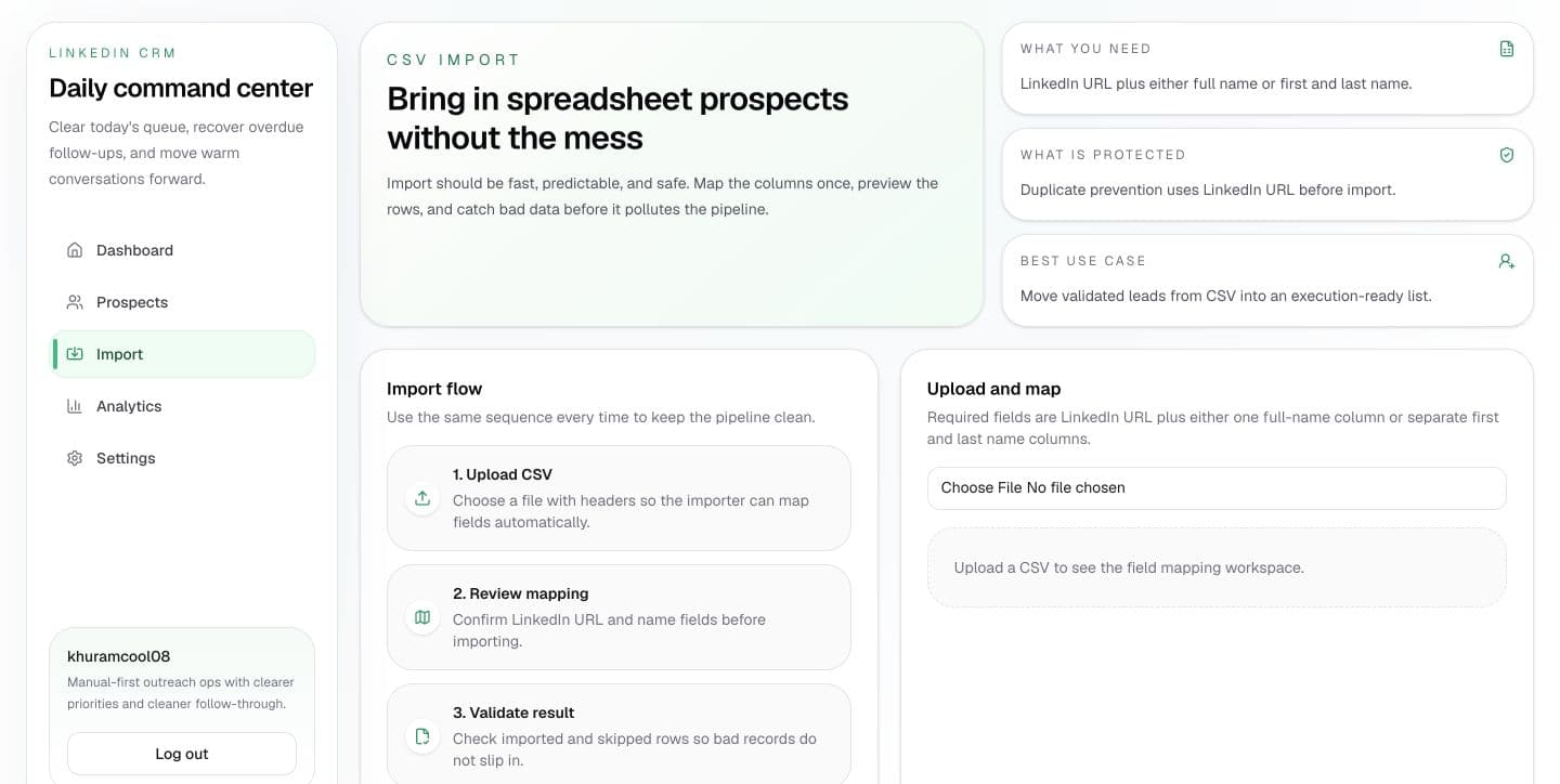 CRM CSV import workspace explaining upload, mapping, and validation